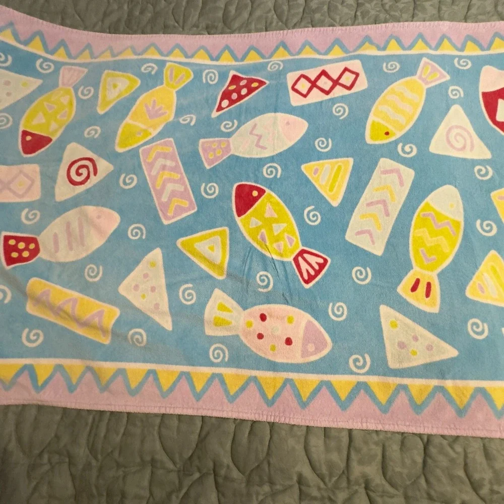 Vintage Terrisol Beach Towel Cotton Brazil 80's Pink Fish Geometric 2 Side 38x67